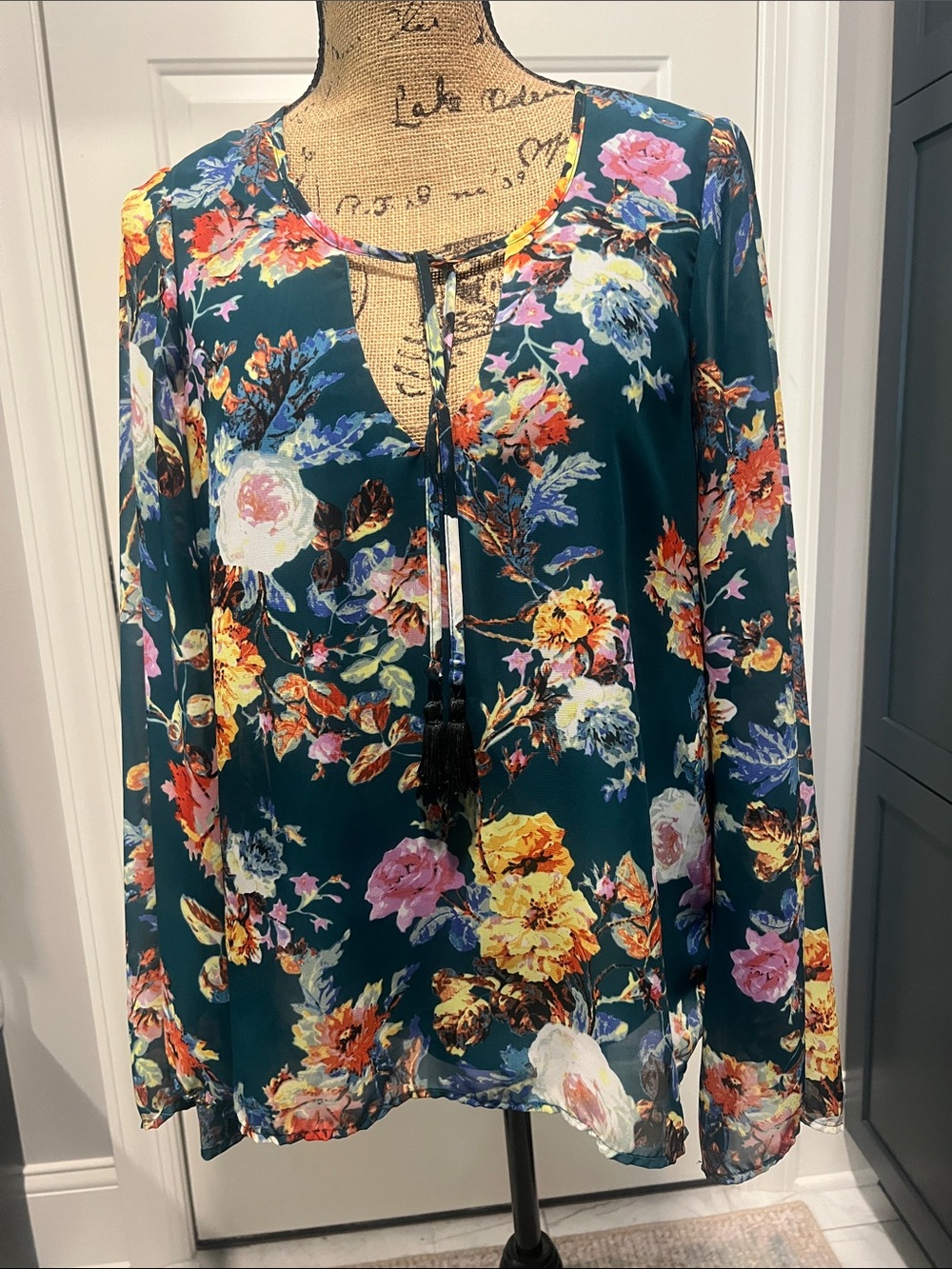 Show Me Your Mumu Sz S Floral Bardot Tassel Tie-Neck Blouse Garden Prairie